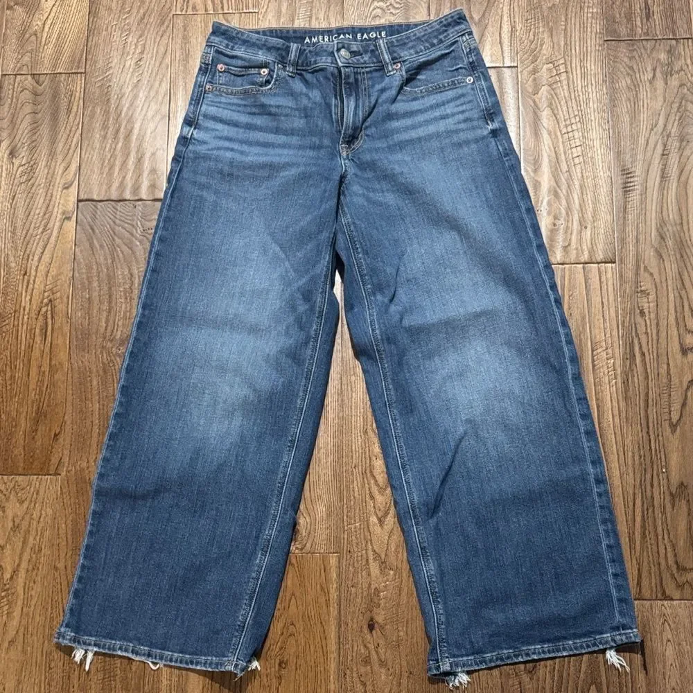 American Eagle Low Rise Baggy Wide-Leg Jeans in Medium Blue Wash Sz 4S